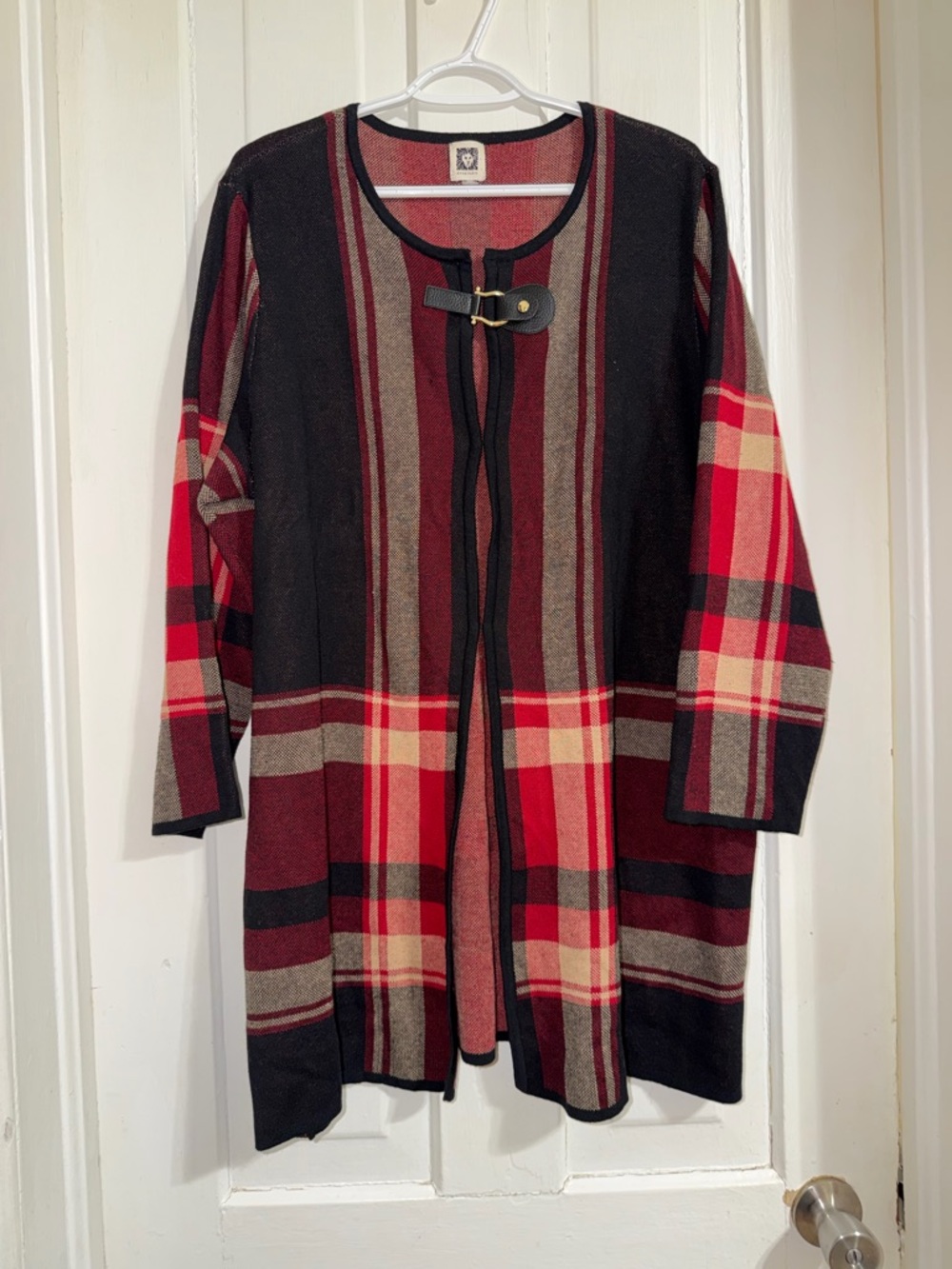 Anne Klein Plaid cardigan long sweater‎ equestrian black red jacket size 2X